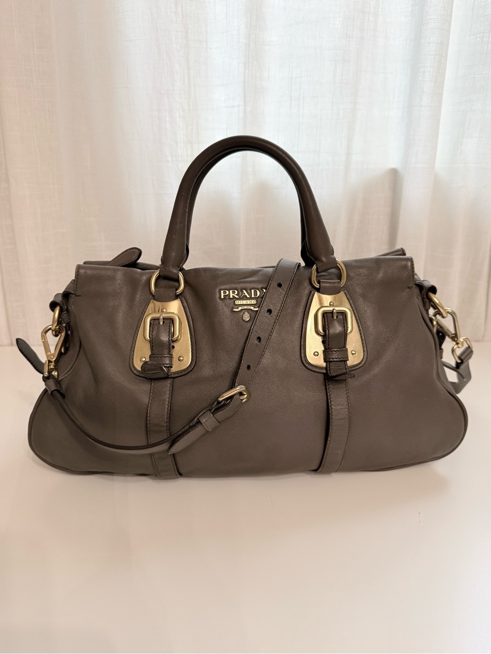 Prada Vitello Daino Leather Satchel Crossbody Bag Taupe Gray Gold Hardware Italy